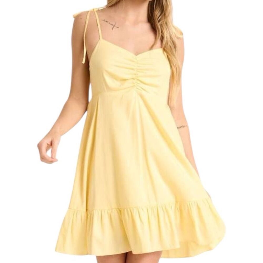 Mittoshop Yellow Ruched Spaghetti Strap Mini Dress | Smocked Back | NWT - Picture 2 of 14